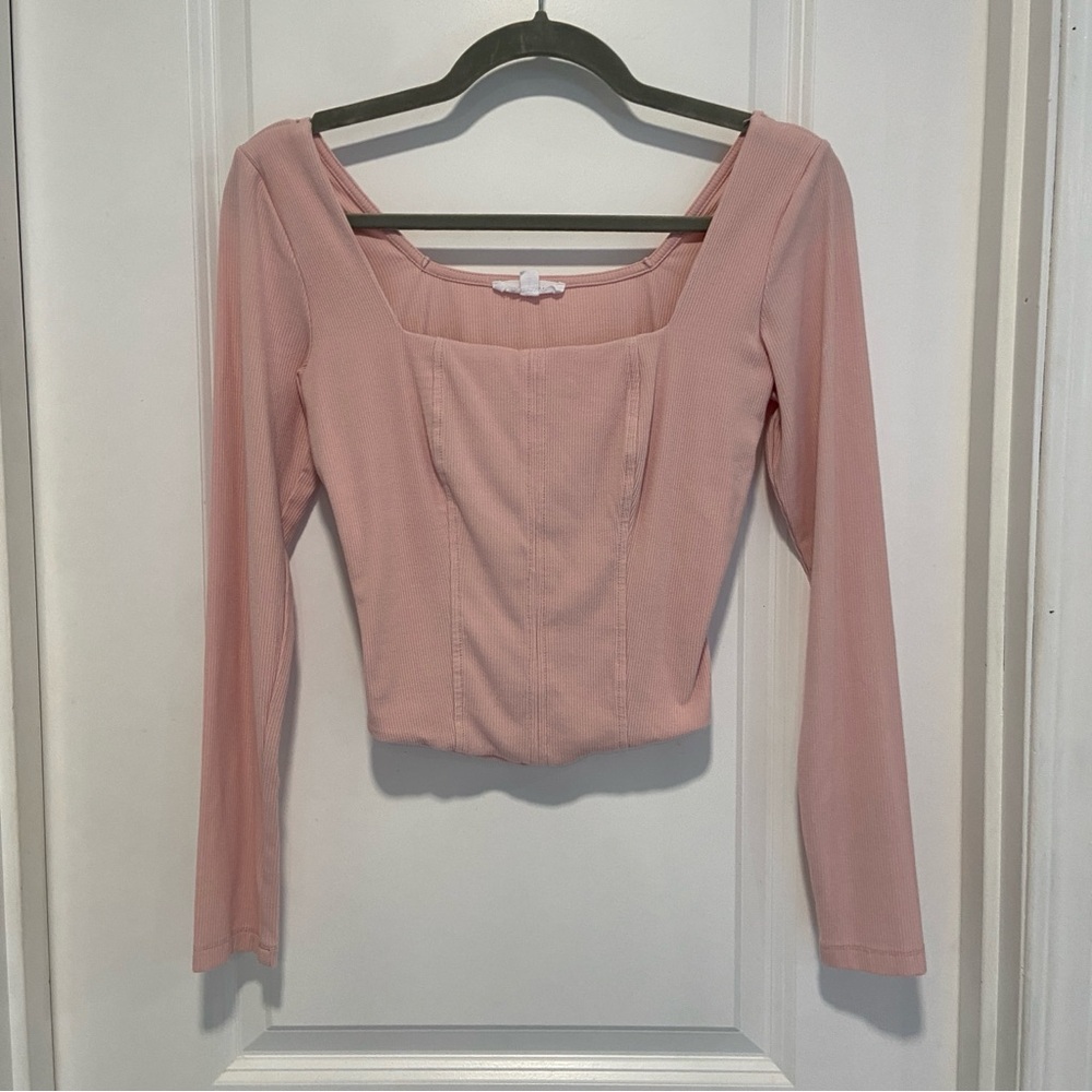 Socialite Light Pink Square Neck Long Sleeve Crop Top